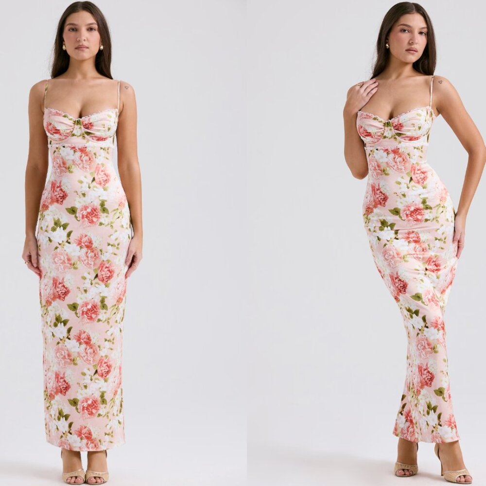 HOUSE OF CB 'Josefina' Pink Peony Print Satin Maxi Dress NWT